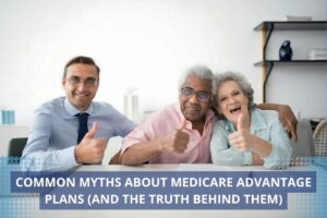 Senior couple reading about Medicare Advantage plans and smiling